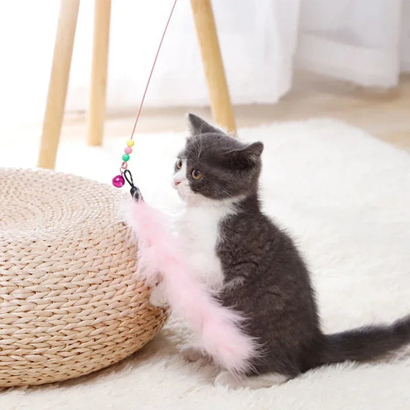 Cat Teaser Stick With Bell, Feather, Long Rod Suction Cup - Cutezy